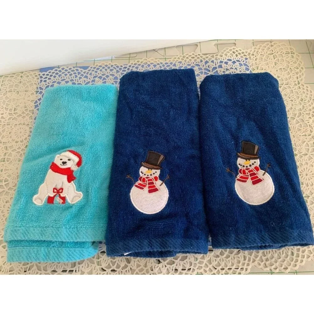 Christmas Embroidered Finger Towels Set Snowman & Polar Bear 11x15